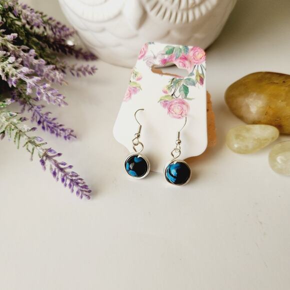 Blue Round Agate Stone Earrings, Silver-Plated Wire Wrapped Dangle Earrings - Picture 2 of 10